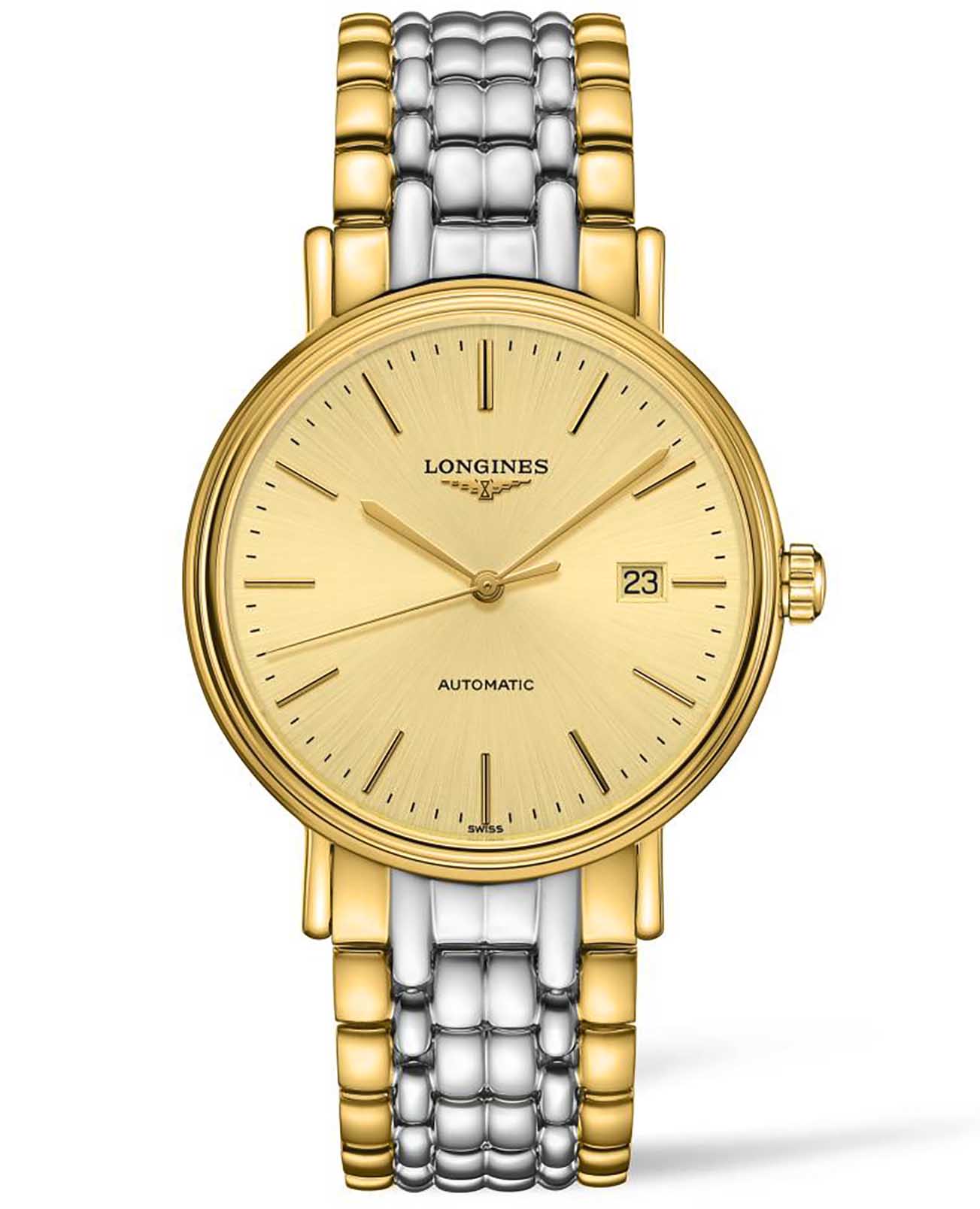 Longines Longines Presence L4.922.2.32.7  L49222327 механические мужские часы золотой циферблат, браслет сталь c pvd покрытием — вид спереди